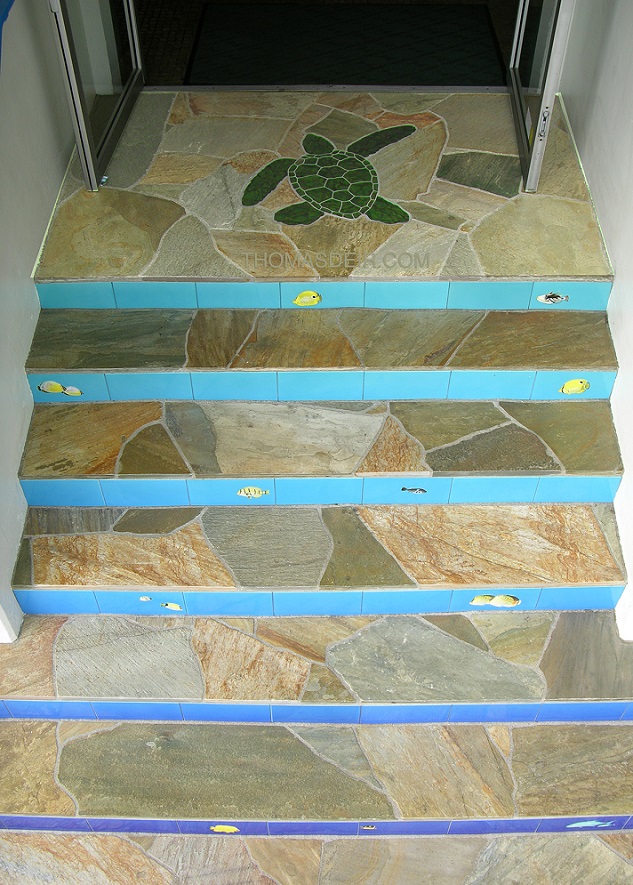 mosaic turtle entry with tile mural steps