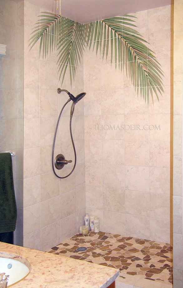 Tropical palm frond shower tile mural