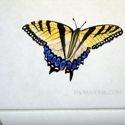 Handpainted monarch butterfly tile mural shower detail