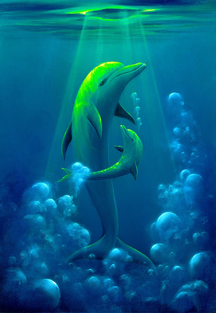 Painting of dolphin baby happy with its mother.