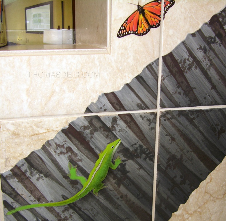 tile mural detail with Hawaiian gecko and monarch butterfly