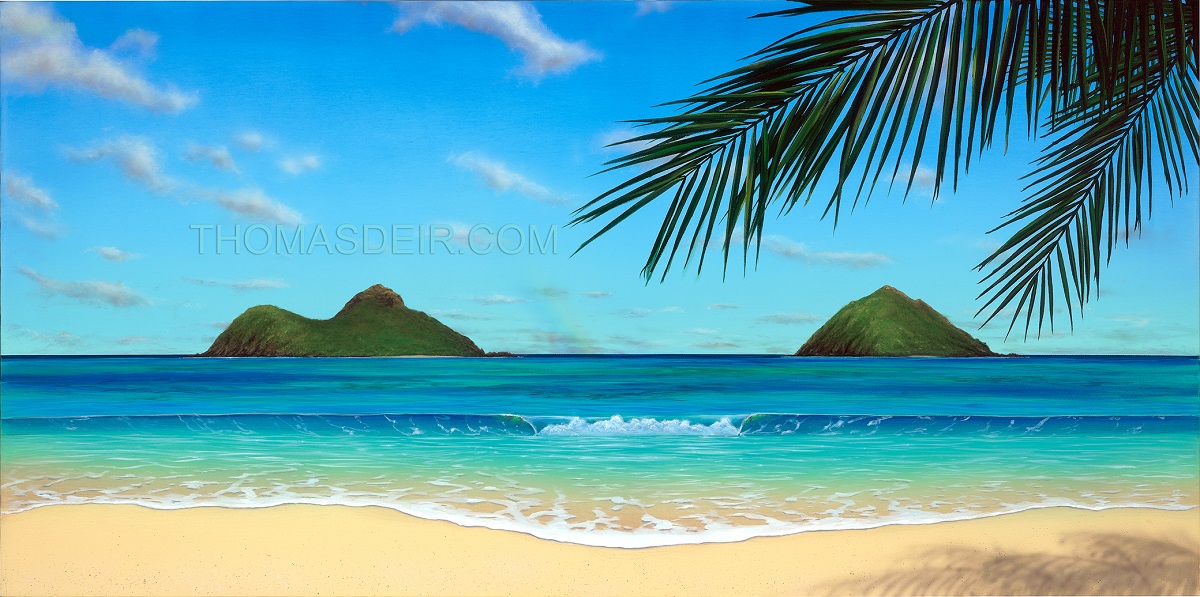 Tropical Beach Scene Painting Paradise Rainbow