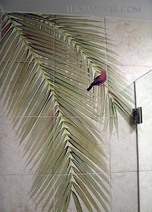 Bath Shower Tile Designs with Palm Fronds and Hawaii Birds