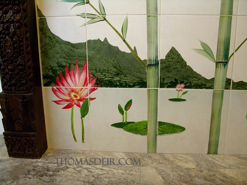 Lotus flower tile mural shower detail Indo bamboo design