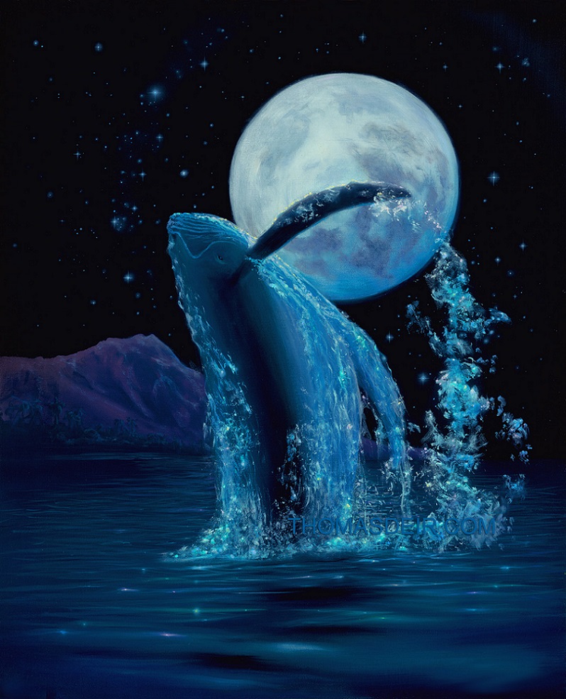 Whale Art Painting of Breaching Whale in Moonlight