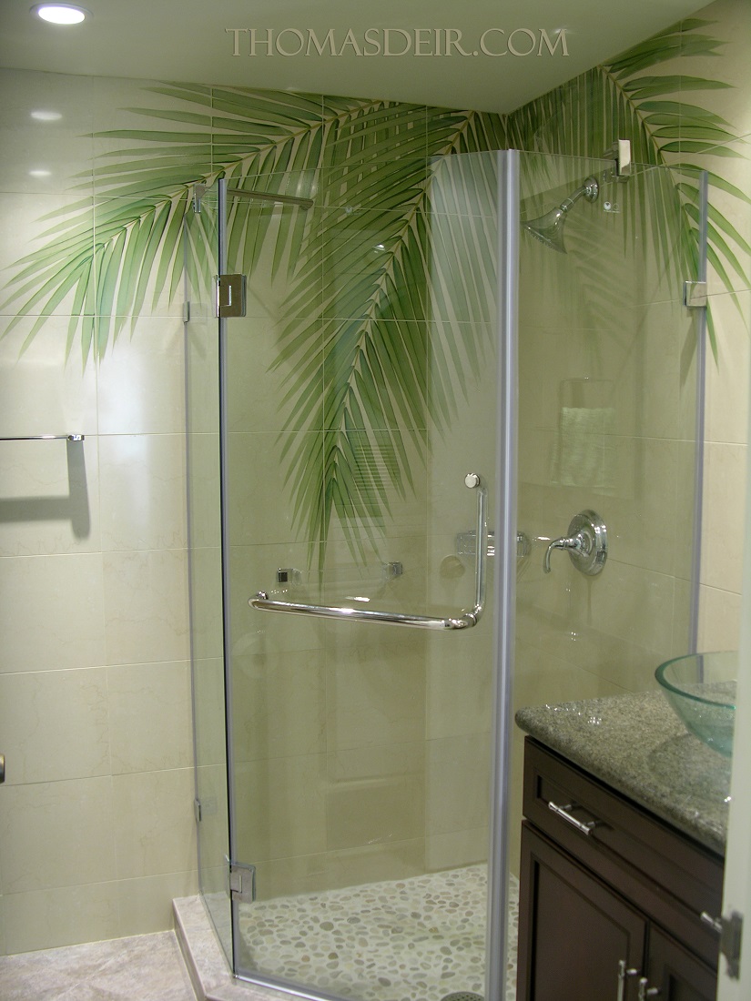 Tile mural shower tropical palm fronds