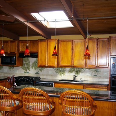 Kitchen remodeling and kitchen design with tropical palm fronds and Hawaii tile murals