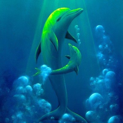 Painting of dolphin baby happy with its mother.